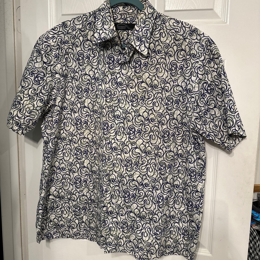 HANE BARNES Frequency L Men Short Sleeve Button Green Purple Swirl Artist Shirt